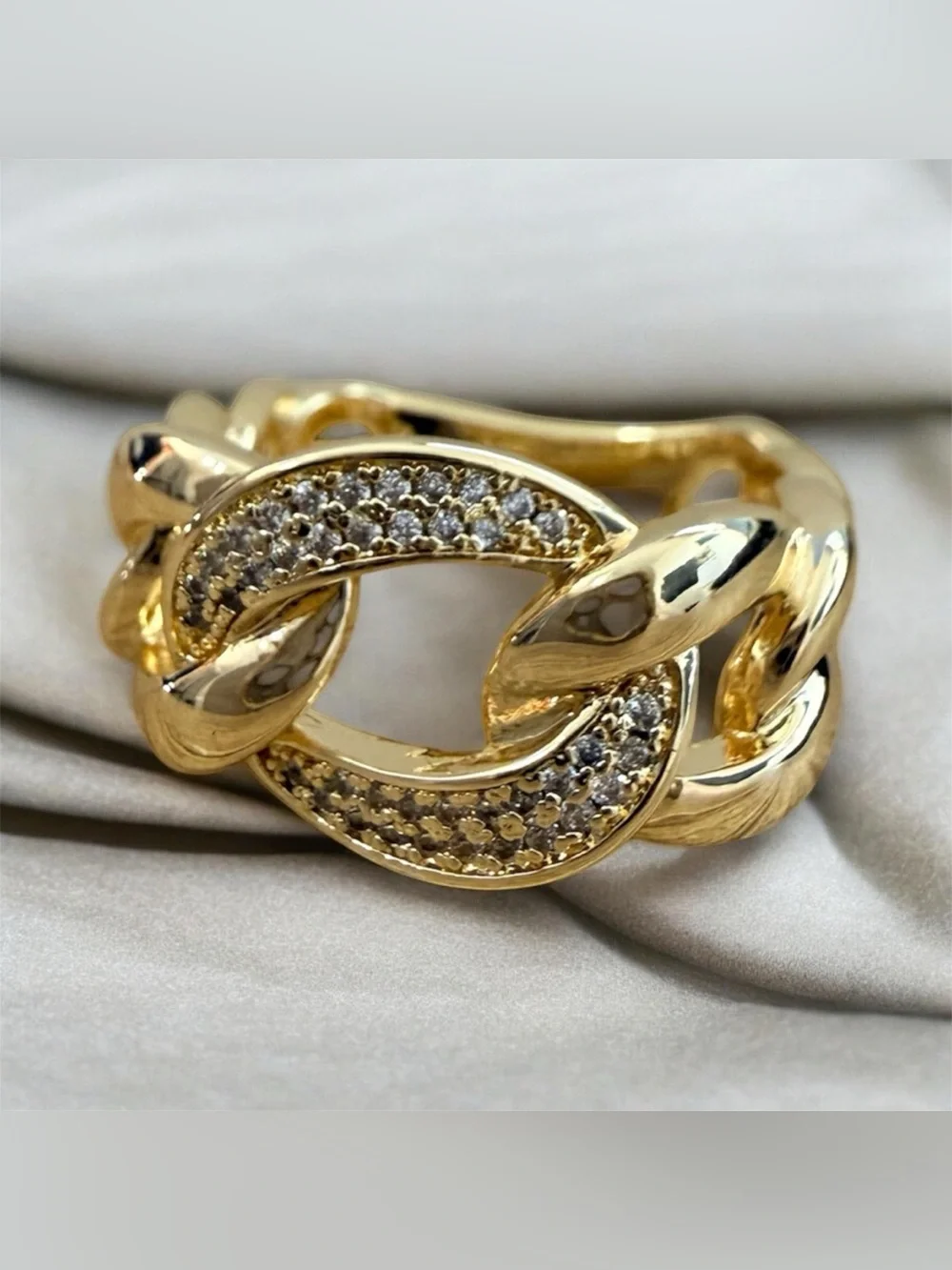 18k Gold Filled Statement Gold Chain-Link Pavé Ring SZ 8